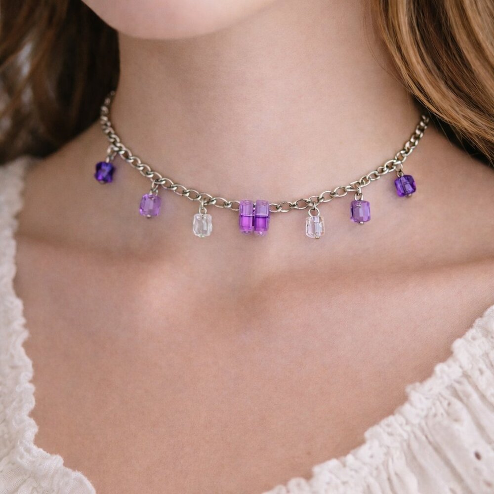Y2K 2000s Handmade Silver-Tone Pink & Purple Crystal Bead Choker with Clasp
